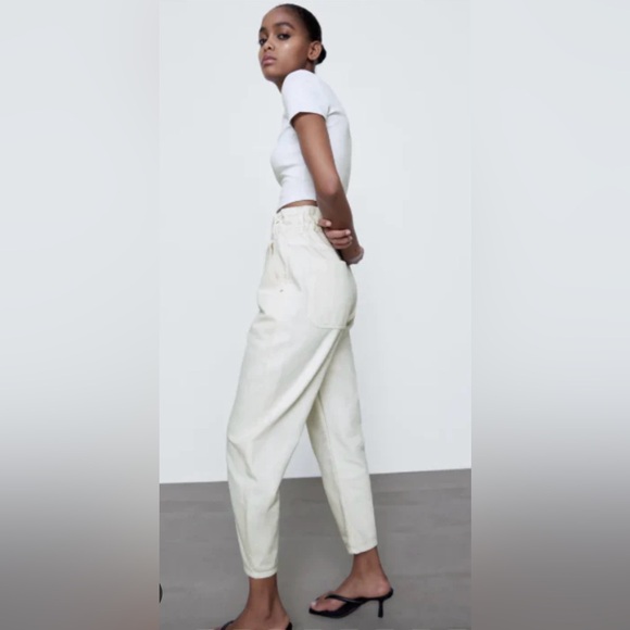 Zara White Paperbag Waist Trousers Jeans Size 10 - Picture 11 of 12